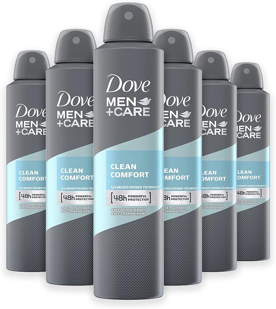 Dove Men+Care Clean Comfort Desodorante Antitranspirante 48h, Fórmula con ¼ de Crema Hidratante, Pack Ahorro 6 x 200 ml – Aerosol para Hombre, Frescura Limpia y Duradera